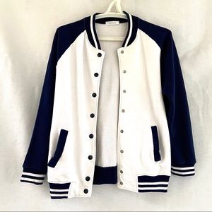 Navy & White Letterman Style Bomber Jacket w Pockets size Medium 100% Cotton